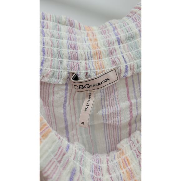 BCBGeneration Blouse Square Neck Smocked Striped Cotton Fabric Pink Chiffon - Picture 7 of 8